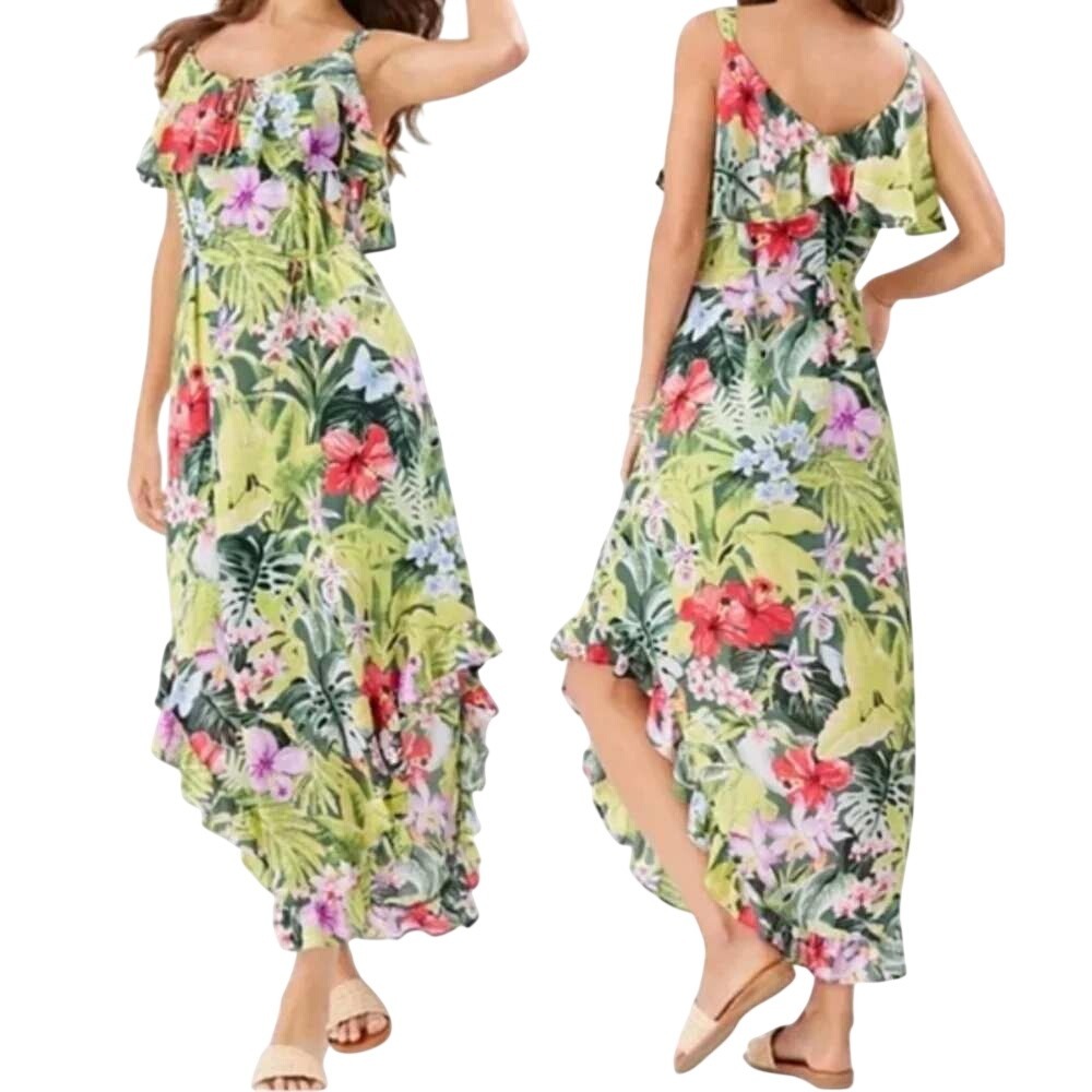 Tommy Bahama Tropical Tropolicious Floral Ruffle High Low Maxi Dress Green Small